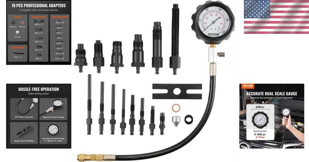 Precision Diesel Compression Tester with 18 Adaptable Pieces for Mechanics