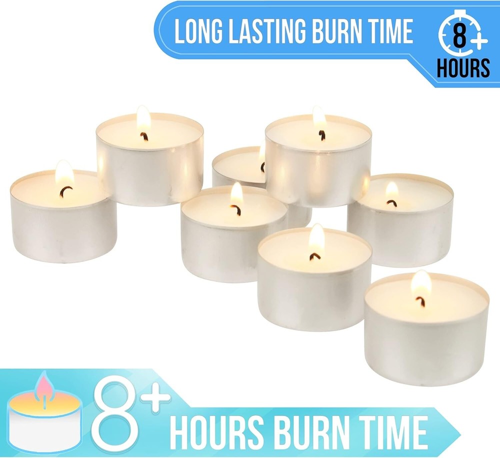 100 Pack Unscented White Tea Light Candles 8 Hour Extended Burn Time