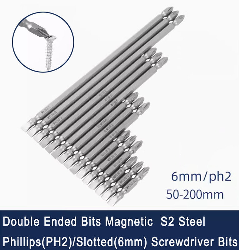 Double Ended Bits Phillips(PH2)/Slotted(6mm) Screwdriver Bits Magnetic 50-200mm