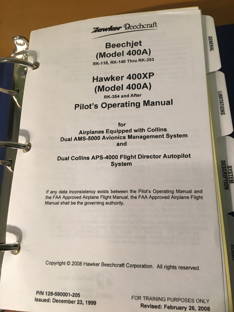 Hawker Beechcraft Beechjet 400A & Hawker 400XP Airplane Flight Manual w Collins