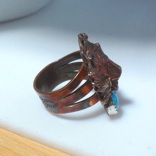 Signed RB Sterling Ring -Bear Face & Turquoise Size 8