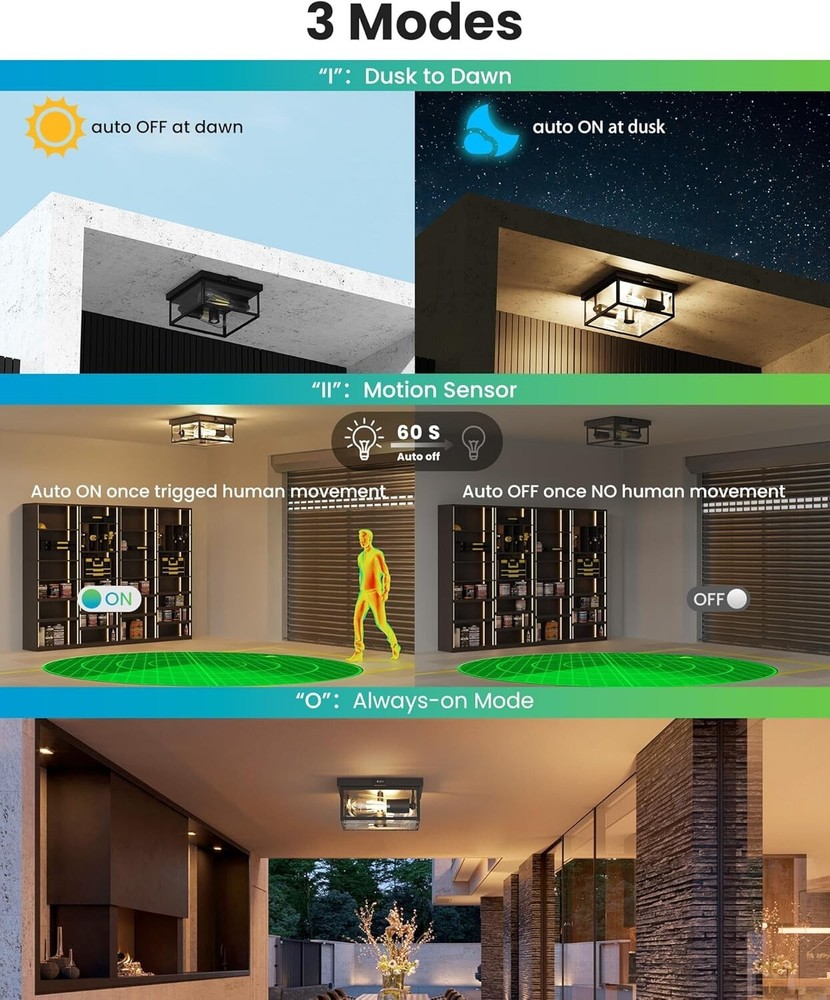 Outdoor Ceiling Light with Motion Sensor, Flush Mount Porch Light