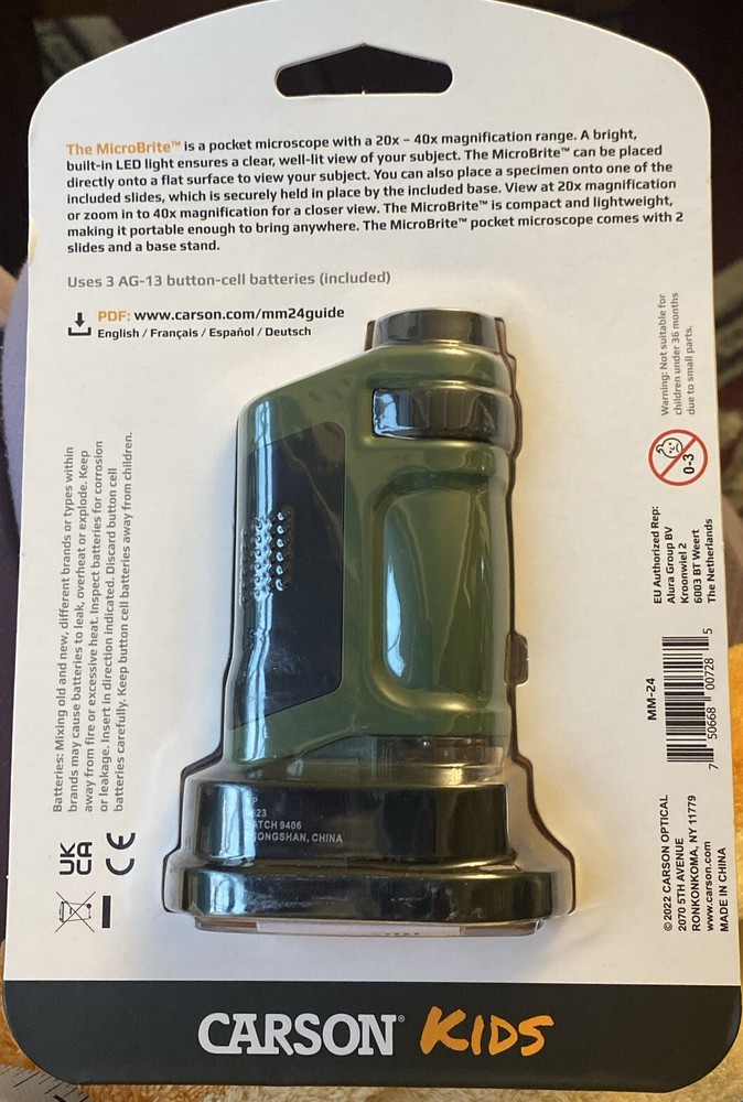 Carson Kids MicroBrite 20x-40x LED Lighted Pocket Microscope for Learning