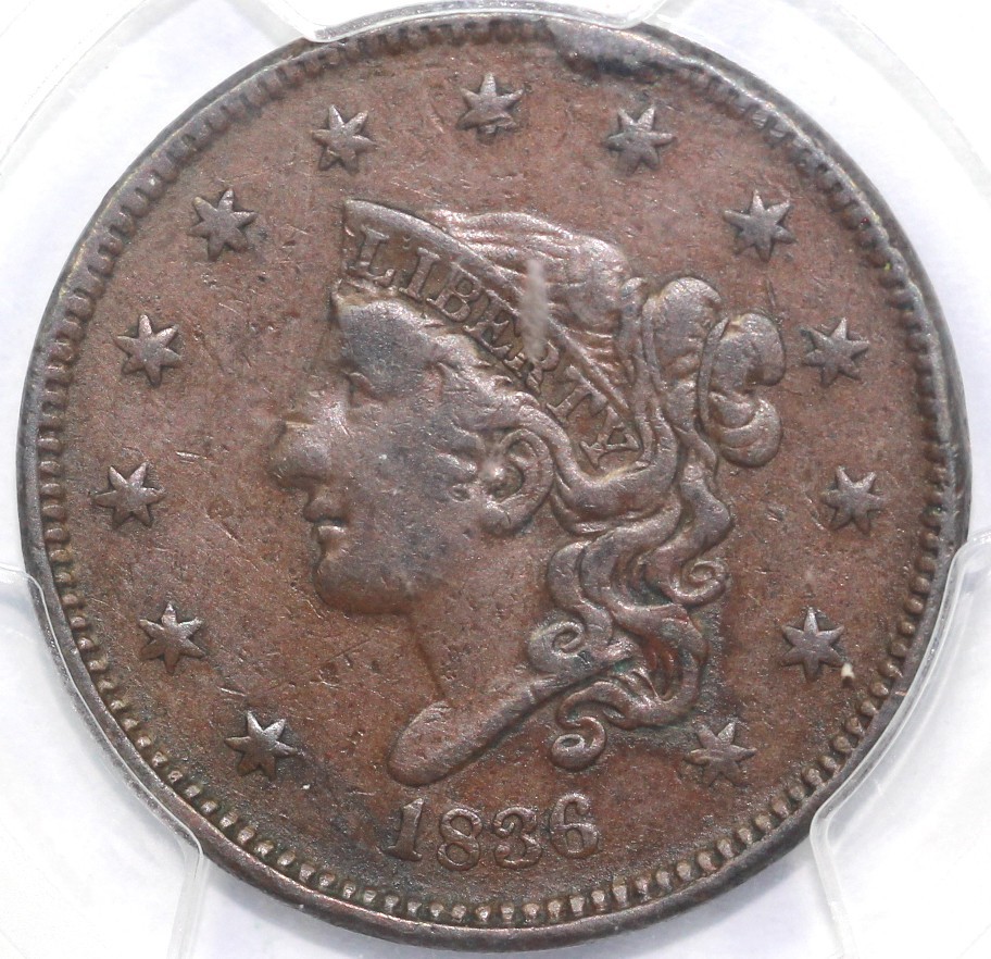 1836 1c Coronet or Matron Head Large Cent PCGS VF 30