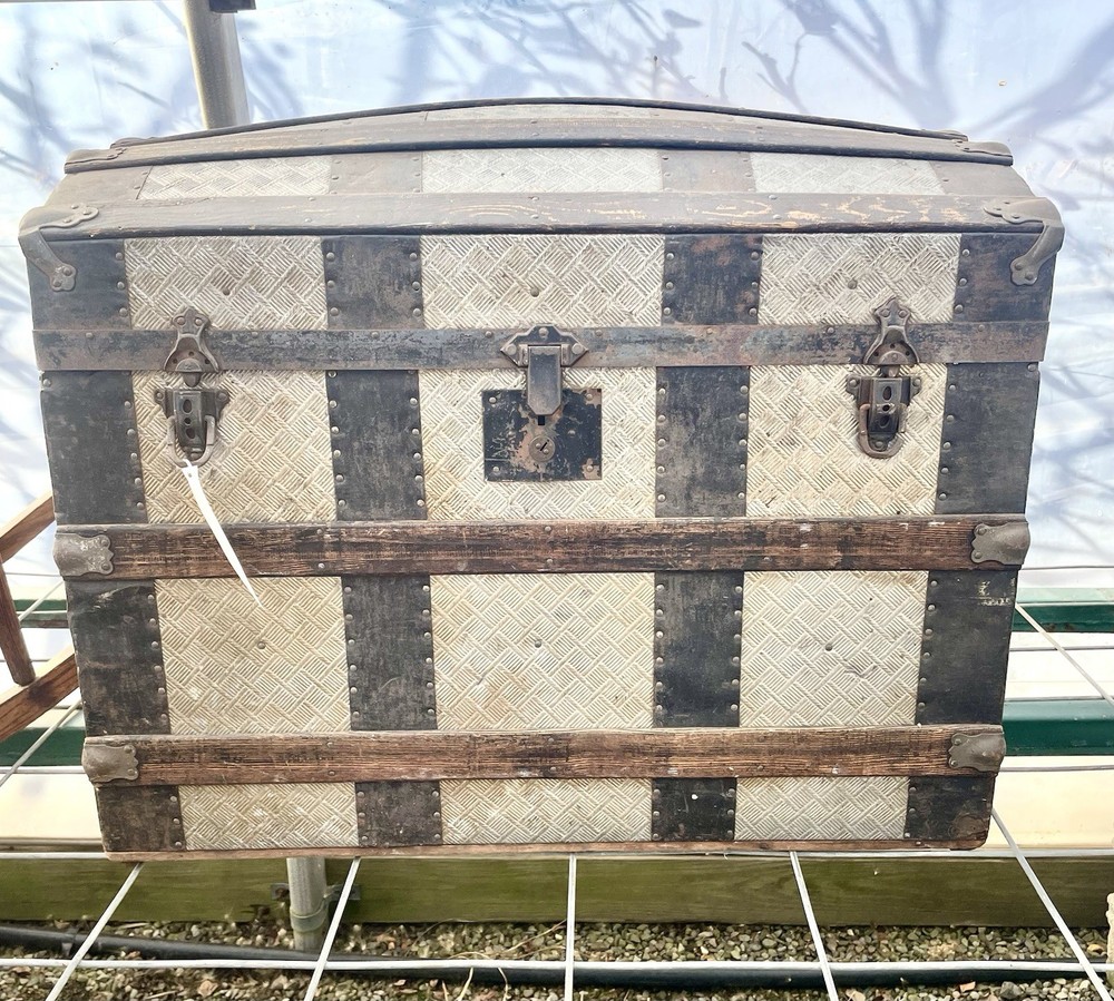 ANTIQUE DOME TOP STEAMER TRUNK, CHEST, EMBOSSED TIN