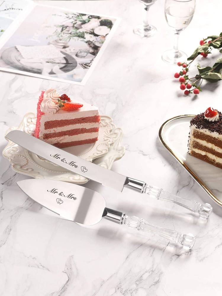 Mr Mrs Wedding Cake Knife and Server Set, Silver Cake Cutting Set for Wedding...