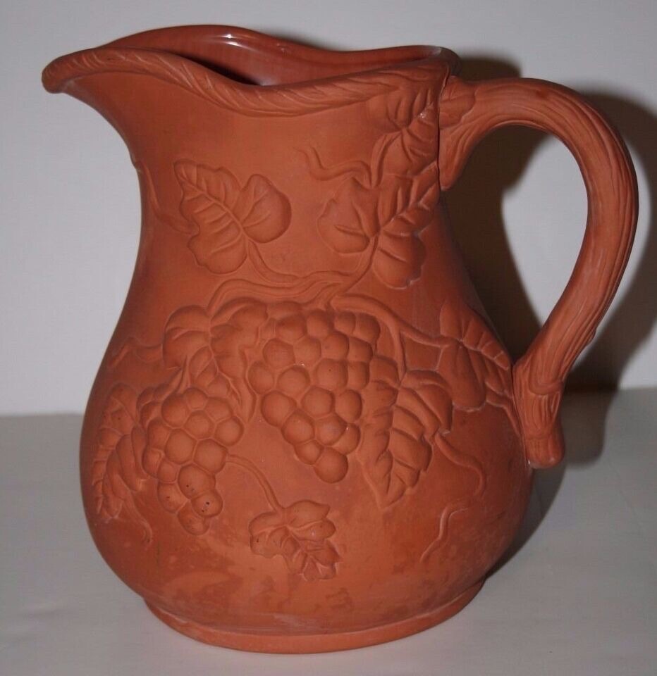Ceramic Red Clay Colored Grape Vine Design 8 inch Pitcher