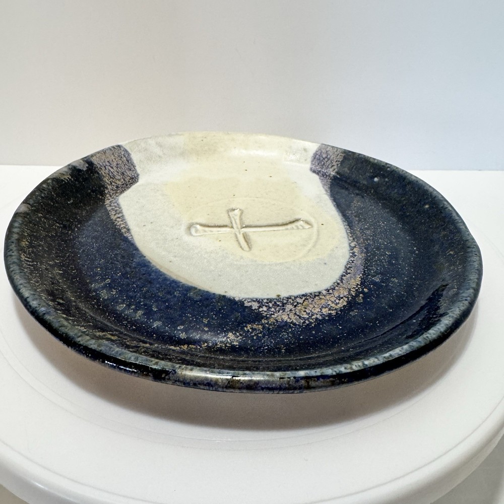 Signed Hand Crafted Studio Pottery Plate Embossed Cross Design Stoneware