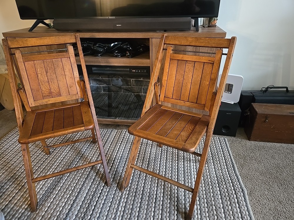 Vintage 1950s Solid Wood Slat Back & Seat Folding Chairs Pair/Set.