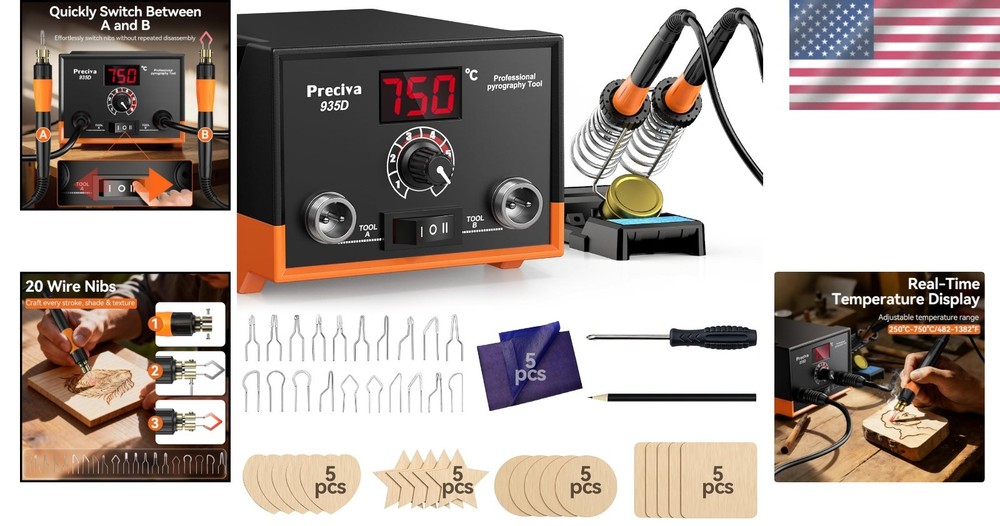 Professional Pyrography Kit, Dual Pens, Precise Temp Control, 20 Tips, Wood Art