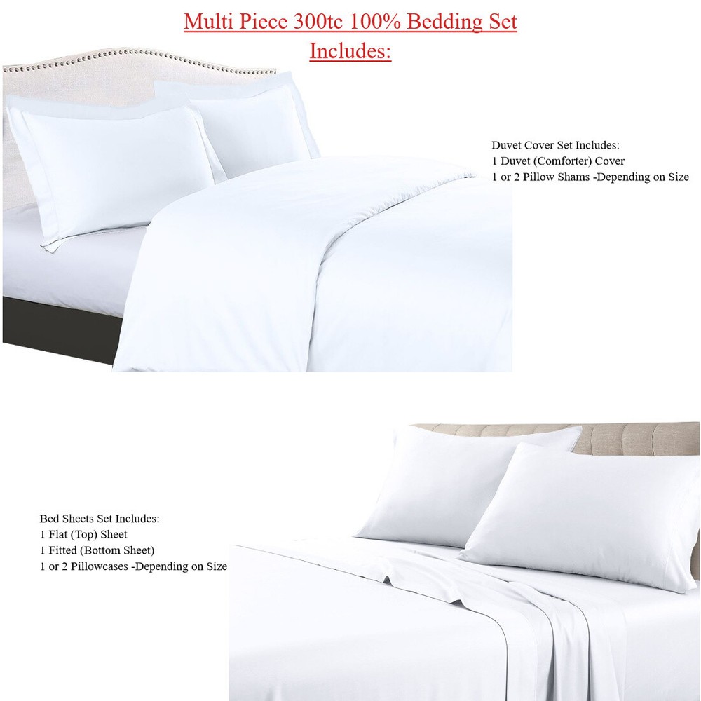 Solid 300tc 100% Cotton Multi Piece Bedding Set- Duvet Cover Set with Bed Sheets