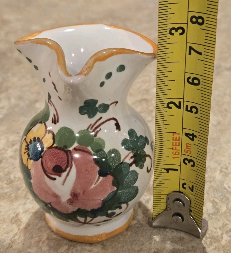 Hand Painted Miniature Ceramic Pitcher Floral Pattern Signed 2 3/4" Tall