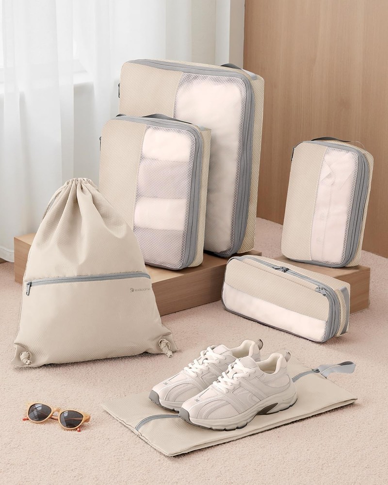 6 Set Compression Packing Cubes for Travel, Bonus Versatile Drawstring Backpa...