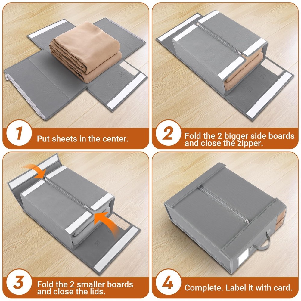 Storage Containers for Bedding, 4 Pack Sheet Organizers with Label, Grey