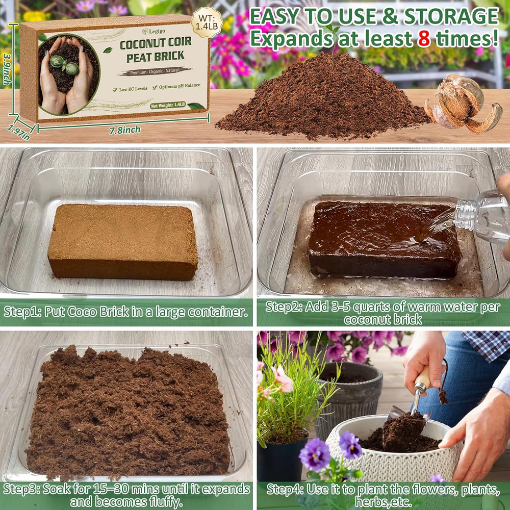 Legigo 2 Pack Premium Coco Coir Brick for Plants- 100% Organic Compressed Coconu