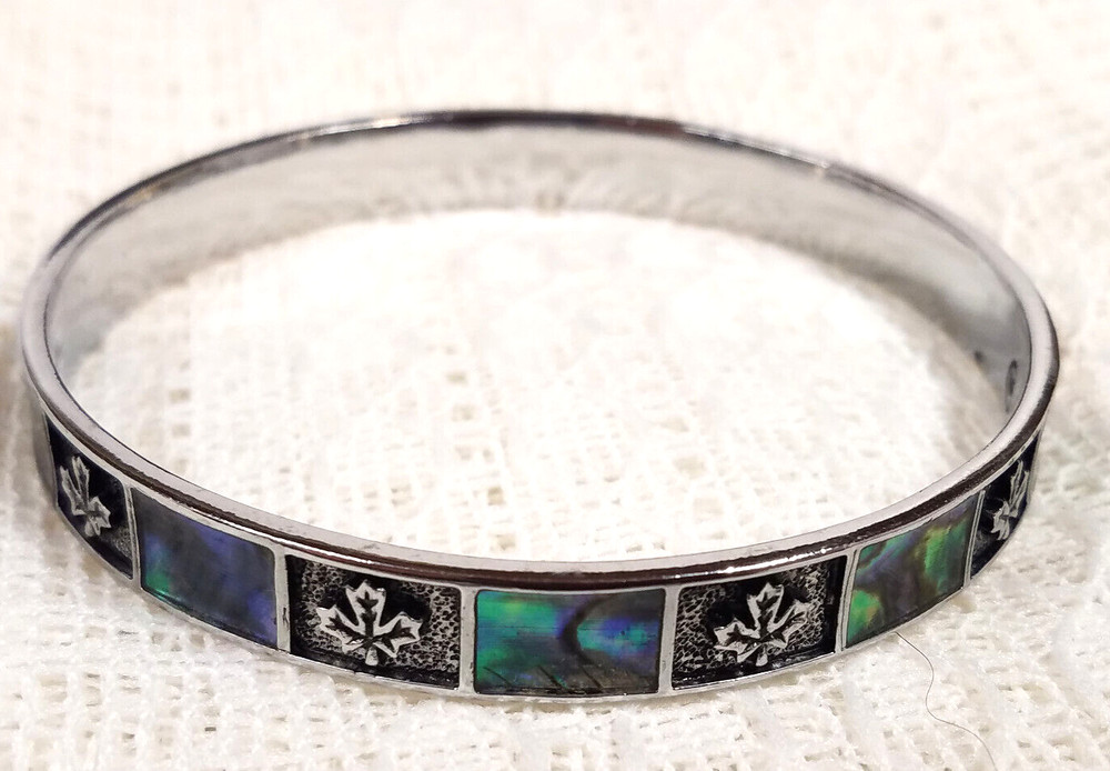 Vintage Signed M Bangle Abalone Shell Inlay Silver Tone Maple Canada Leaf 2-1/2"