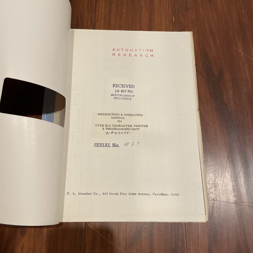 Moseley Autograf Type D-3 Character Printer & Programming Unit Operating Manual