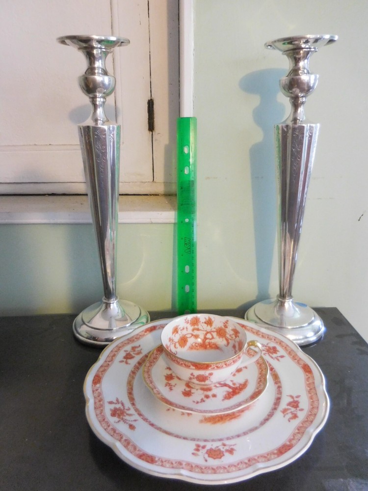 IMPRESSIVE PAIR STERLING SILVER CANDLESTICKS 15" ENGRAVED & FLUTED NO MONOGRAM