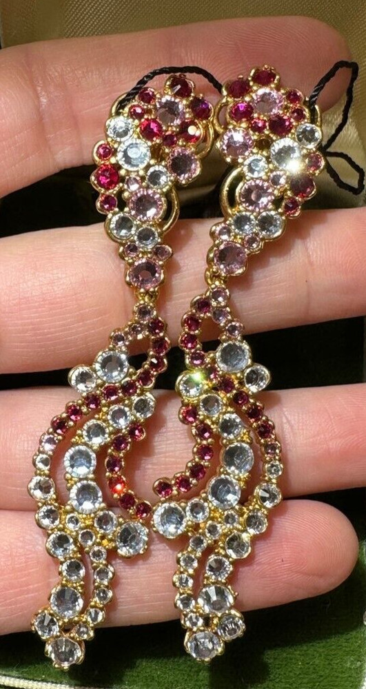 NWT Shiny Rose Brinelli Exquisite Long 3" Dangle Pink Ruby Rhinestone Italy DC 2