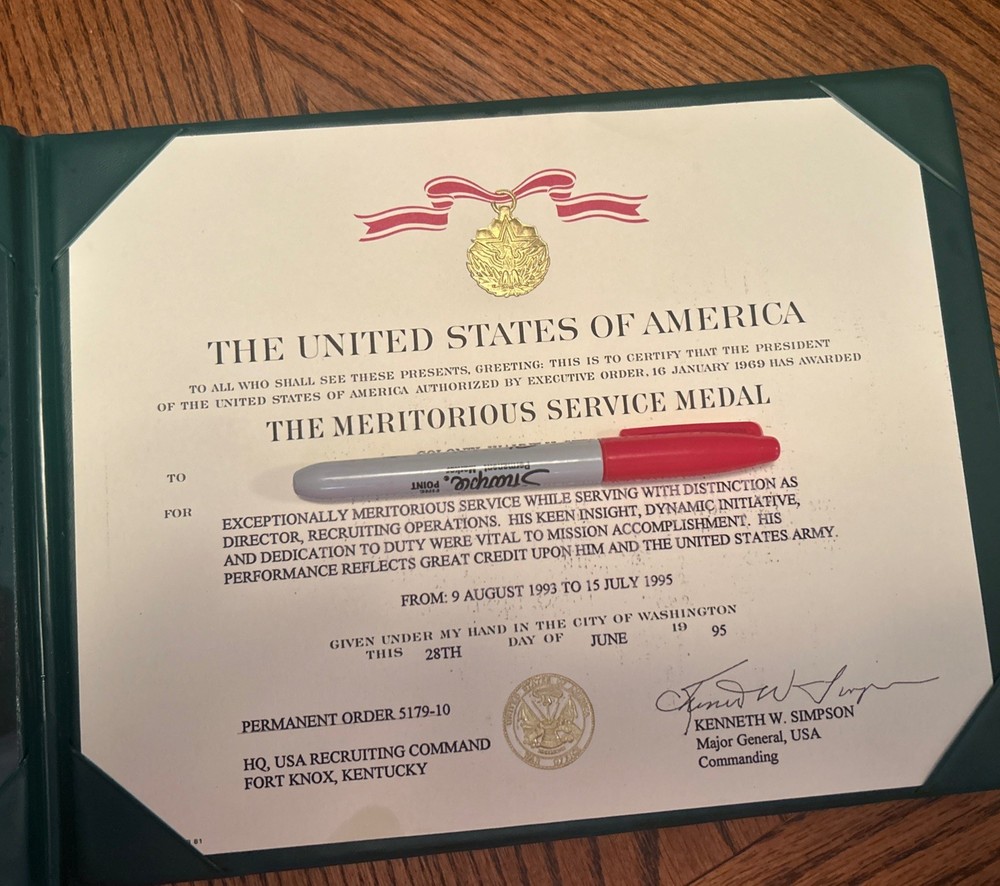 US ARMY CERTIFICATE LAMINATED PLAQUE FOLEY MERITORIOUS SERVICE CERTIFICATE