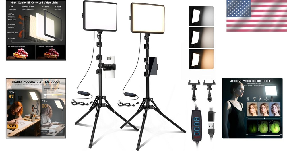 2-Pack LED Video Light Kit Dimmable Studio Lighting with Tripod and Phone Holder