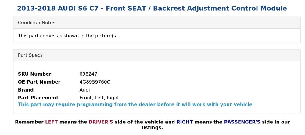 2013-2018 AUDI S6 C7 - Front SEAT / Backrest Adjustment Control Module