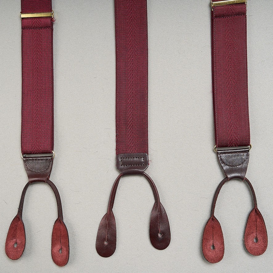 Men's Suspenders Burgundy Stretch Leather Button Ends Adjustable