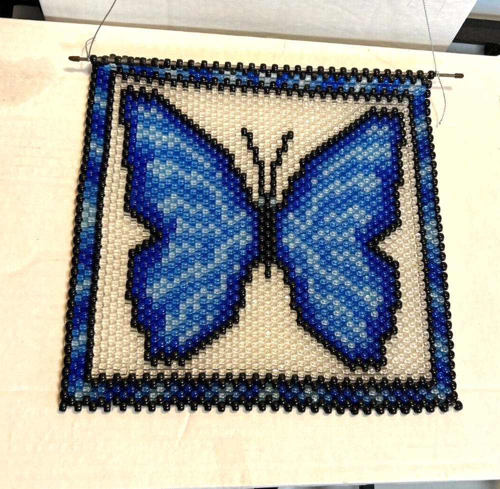 Super Nice Blue Butterfly Beaded Window Wall Hanger, Vintage 10"
