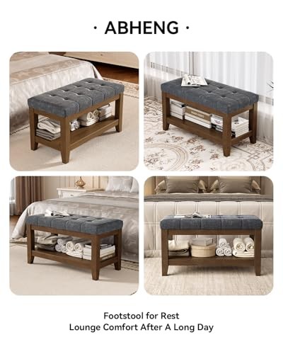 Solid Rubber Wood Shoe Bench, Soft Chenille Material 31.5" Chenille & Dark Gray