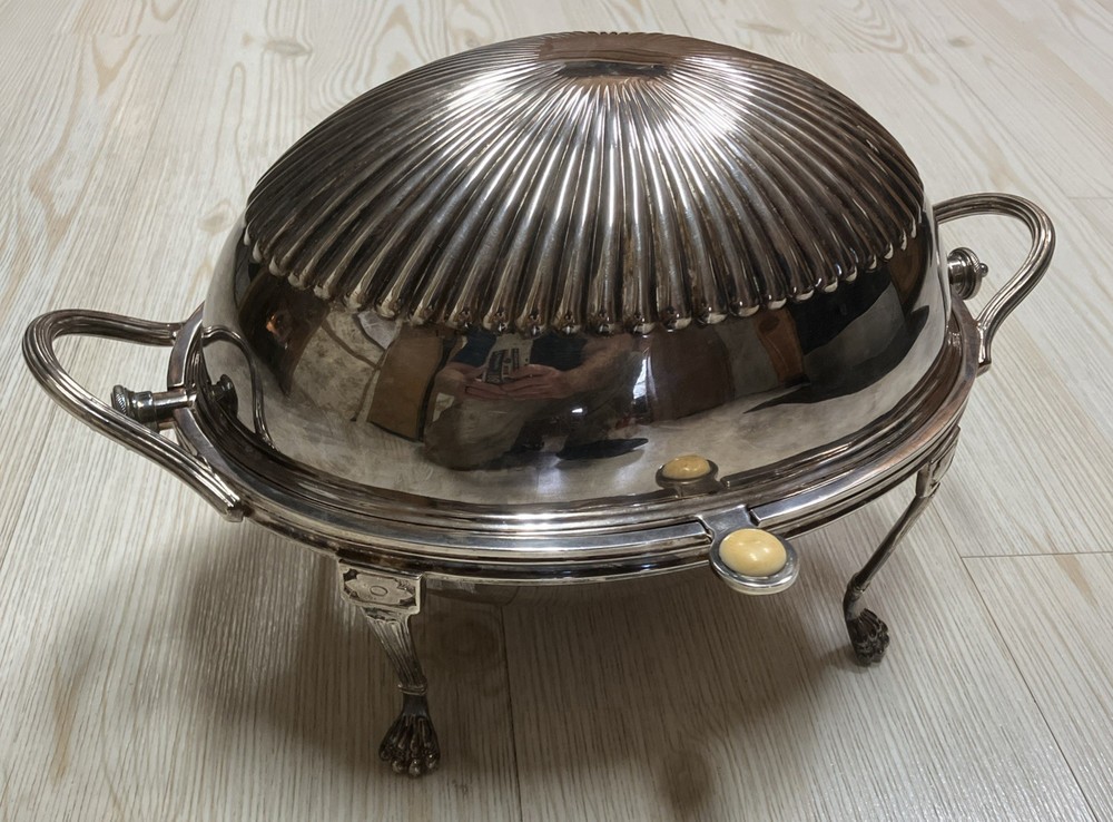 Antique Sheffield Silverplate Revolving Dome Covered Breakfast Server + Inserts