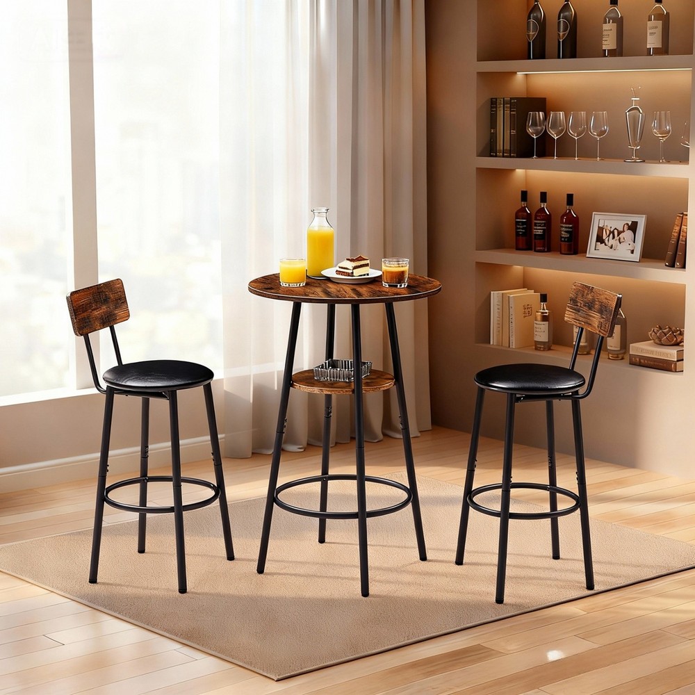 3 Piece Bar Table Set Round Counter Height Table w/ 2 PU Upholstered Bar Stools