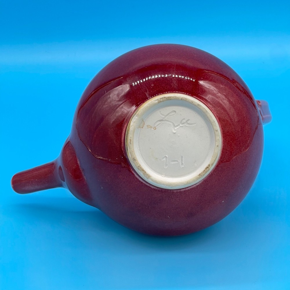 Studio Art Pottery Red Glazed Teapot with Lid Dramatic Handle 9” Tall Signed Lee