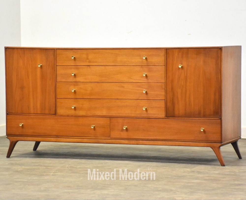 Walnut and Brass Mid Century Credenza