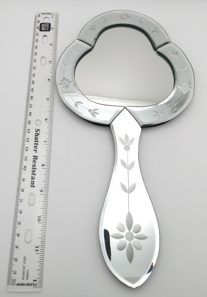 Vintage Handheld Etched Beveled Edge Mirror Vanity
