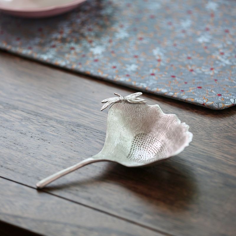 Tin Ginkgo Leaf Tea Strainer with Silver Butterfly Inlay