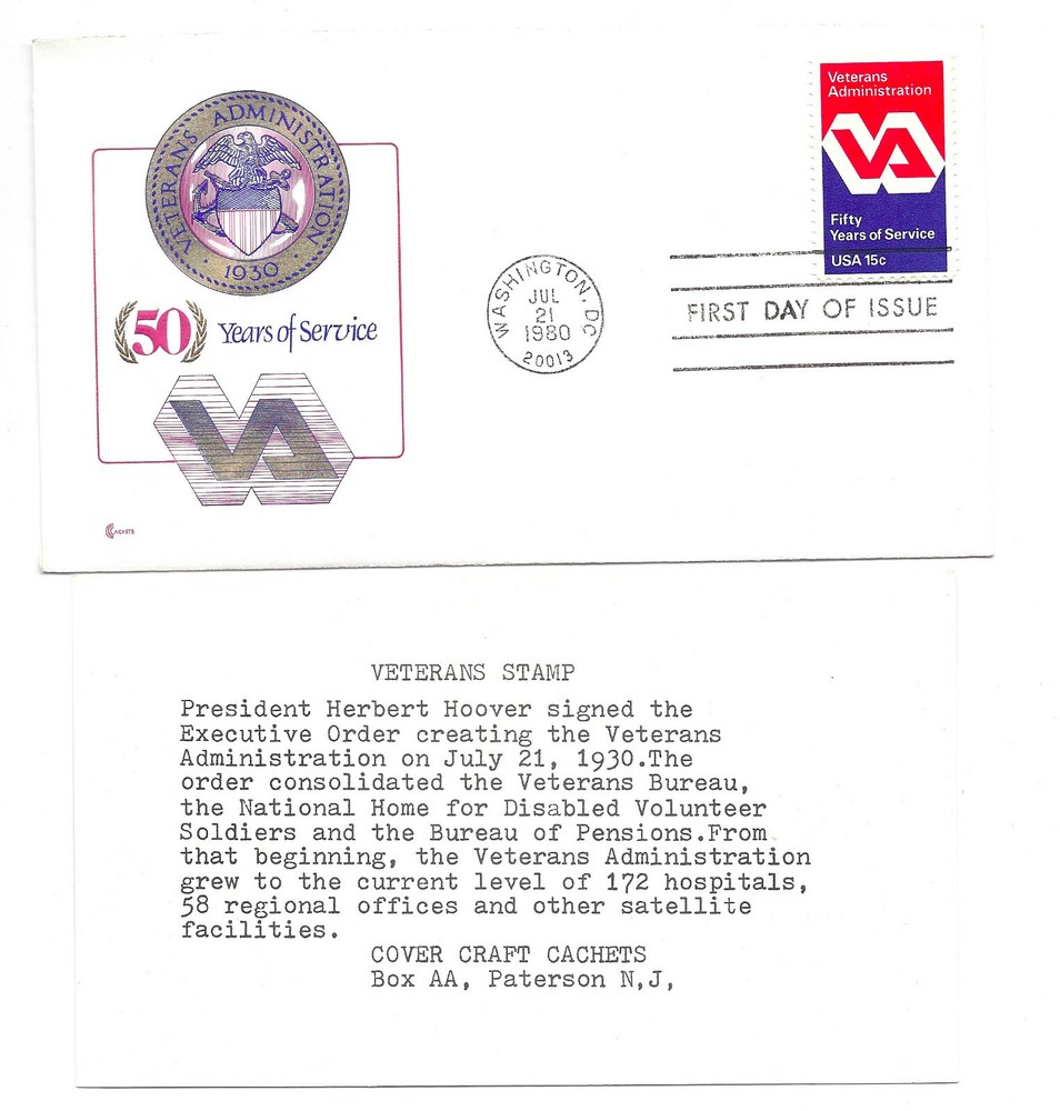 1825 Veterans Administration,  Cover Craft Cachets, CCC, FDC