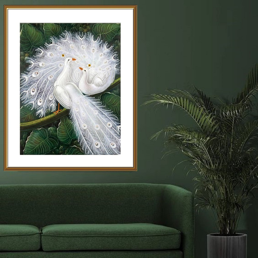 Bead embroidery kit needlepoint DIY Beadwork stitching Two white peacock Beading
