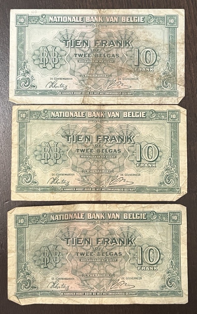 BELGIUM 1943 10 FRANCS WWII 3 BANKNOTES