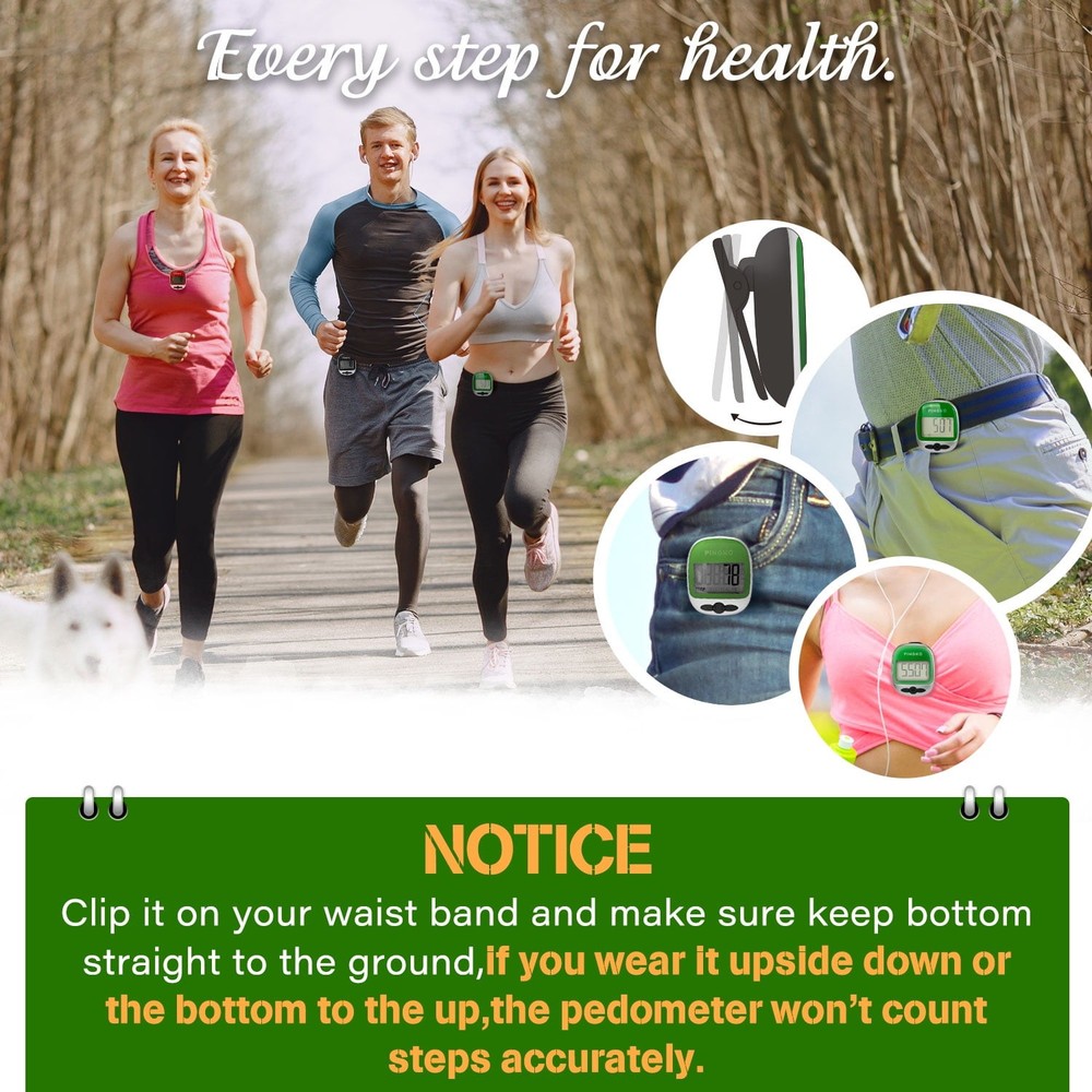 PINGKO Portable Outdoor Pedometer – Step Counter with Calorie Tracker, Green