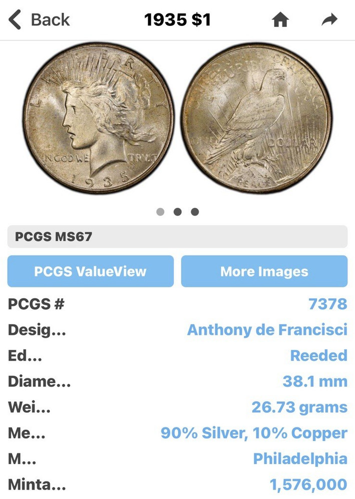 1935 PEACE "UNC/AU++"🔥BETTER DATE/MINT / GREAT COLOR * HIGH POINTS, LUSTER💥 ✅