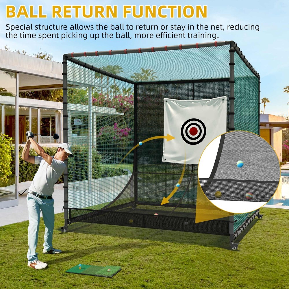 Shopsource Golf Hitting Cage with Wheels 10x10x10ft Steel Frame Auto Ball Return