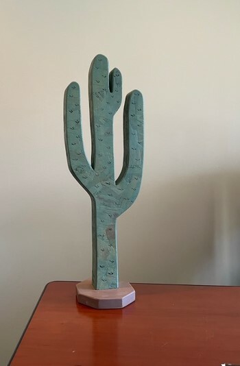 Carved Solid Wood Folk Art Look Cactus, Hand Painted, Signed "Papa 90"