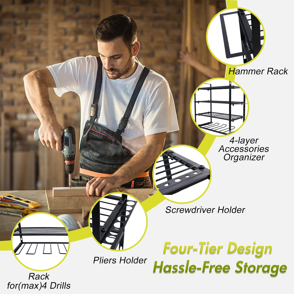 Power Tool Organizer Wall Mount Extended Large Heavy Duty 4 Layer 4 Drill Holder