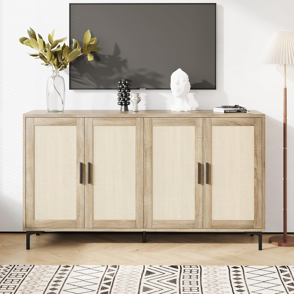Rattan-Decorated Sideboard Buffet Cabinet with Storage - Natural Finish