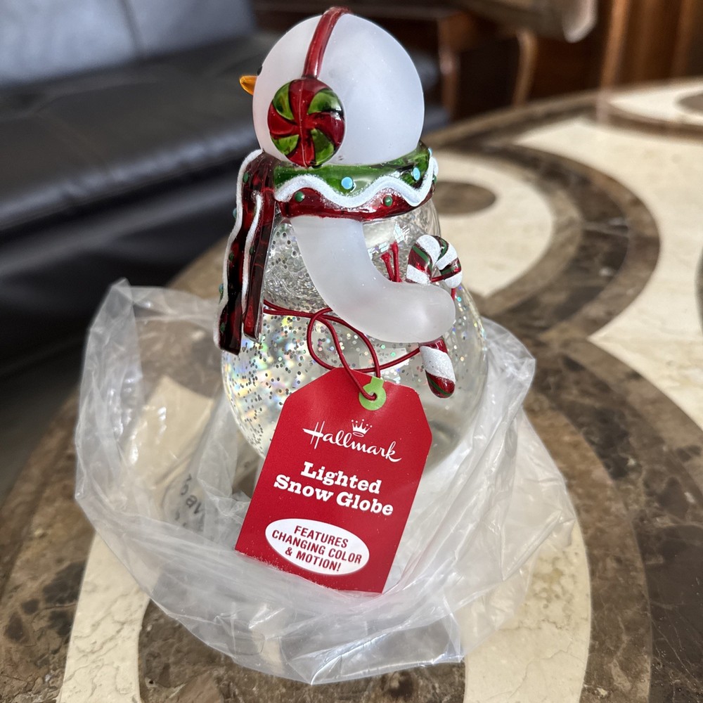 Snowman Snow Globe Holding Tree Color Changing 7" Tall Hallmark
