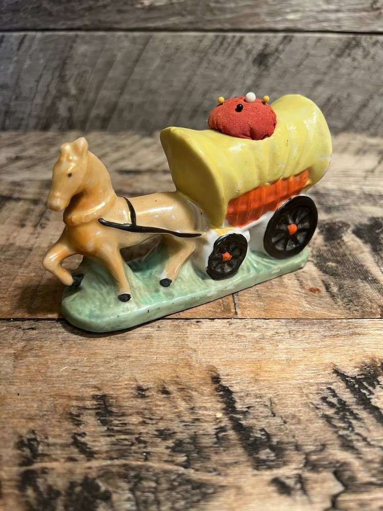 Lusterware Horse Covered Wagon Figure Pin Cushion