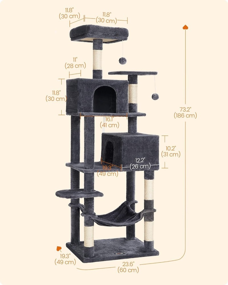 Sturdy Multi-Level Cat Tree with Dual Perches and Scratching Posts - 73.2-Inch