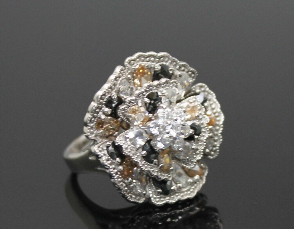 DAZZLING MULTICOLORED STONES FLOWER CLUSTER STERLING SILVER RING SIZE 8.25