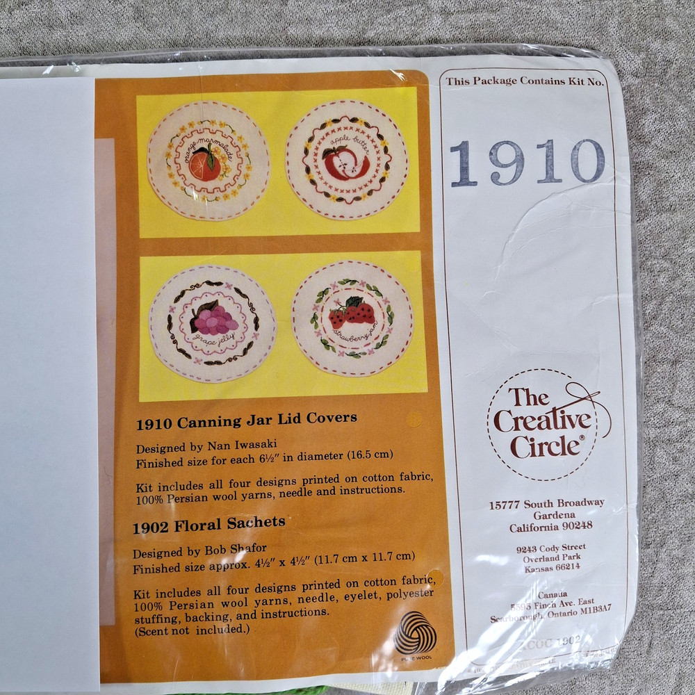 2 Kit Crewel Embroidery Creative Circle Jar Lid Covers & Kitchen Spice Sacks, PG