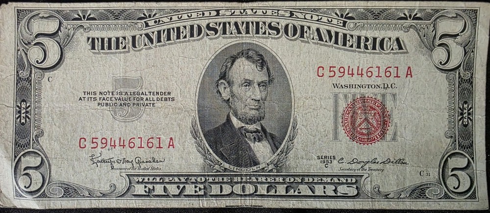 1953-C $5 Dollar Red Seal Note - Circulated